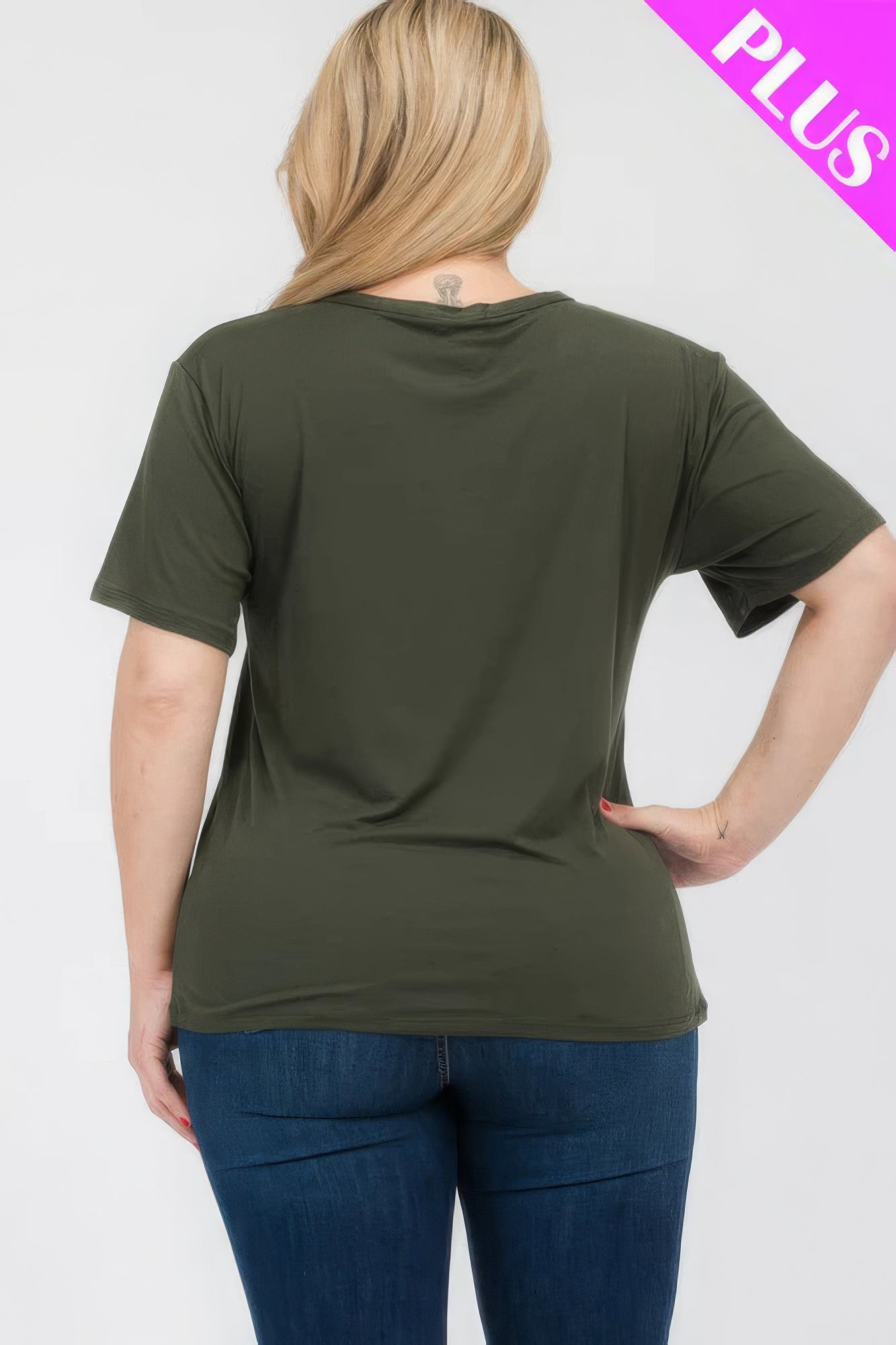 Plus Size Basic Short Sleeve T-shirt in olive green, showcasing relaxed fit and soft fabric, available at Loveitclothing.com.