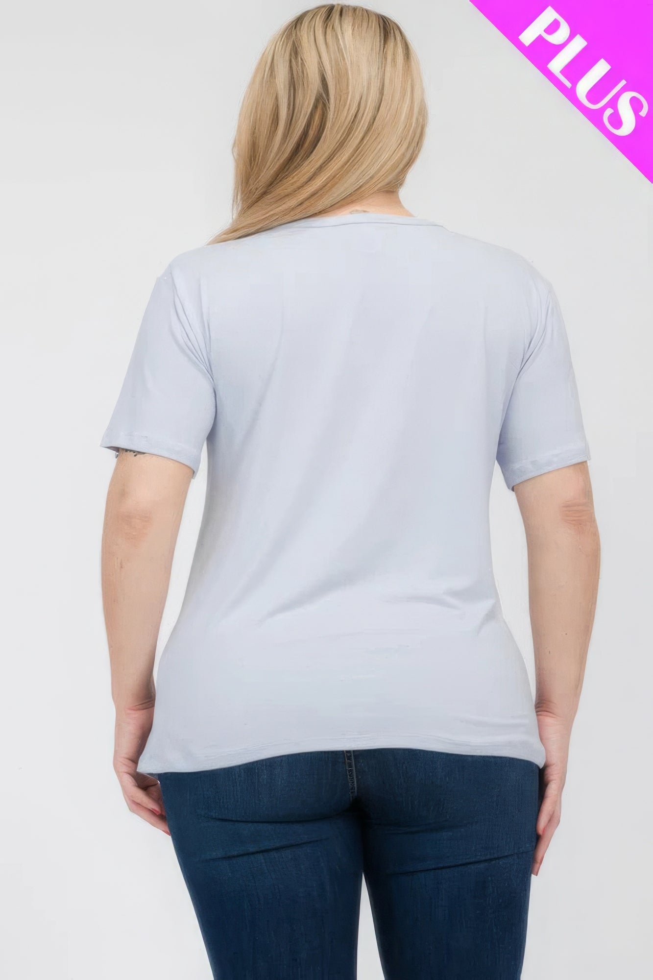 Back view of Plus Size Basic Short Sleeve T-shirt in light blue, featuring a relaxed fit for comfort. Available at Loveitclothing.com.