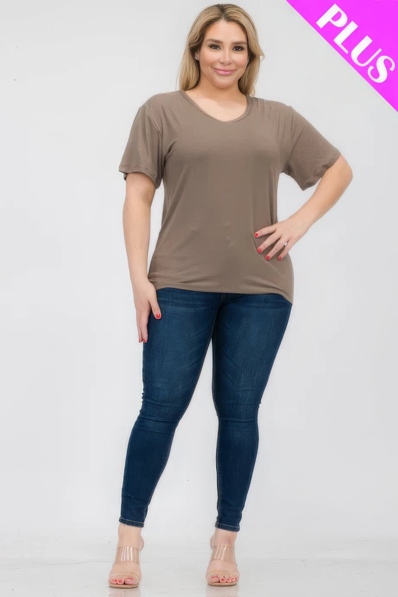 Plus size basic short sleeve t-shirt in taupe, styled with fitted jeans, available at Loveitclothing.com.