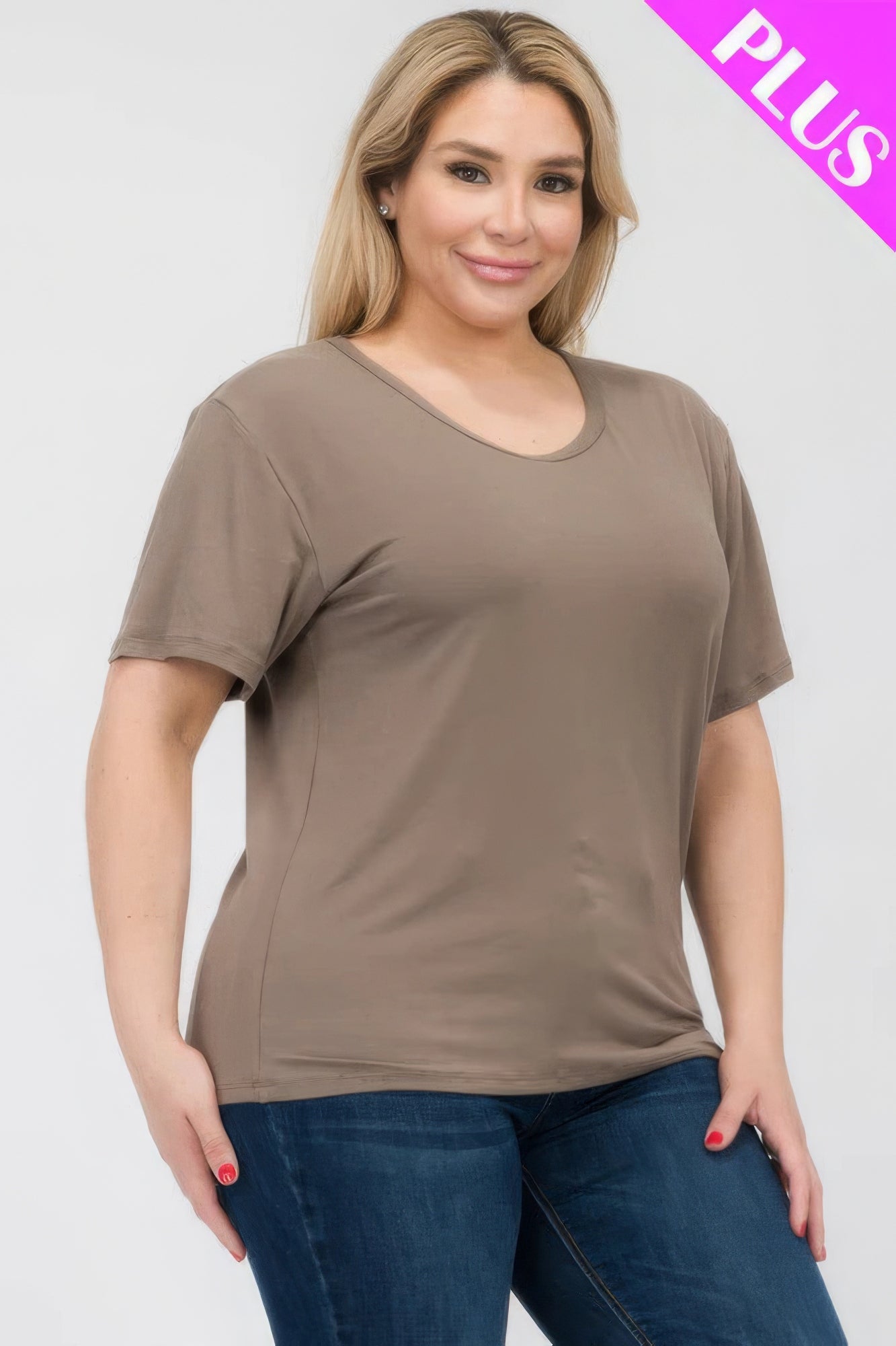 Plus Size Basic Short Sleeve T-shirt in soft taupe, model showcasing relaxed fit from Loveitclothing.com.