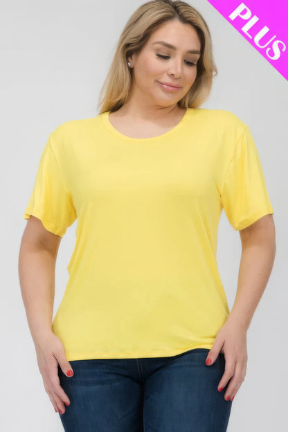 Plus size model wearing a yellow short sleeve T-shirt from Loveitclothing.com, showcasing comfort and style.