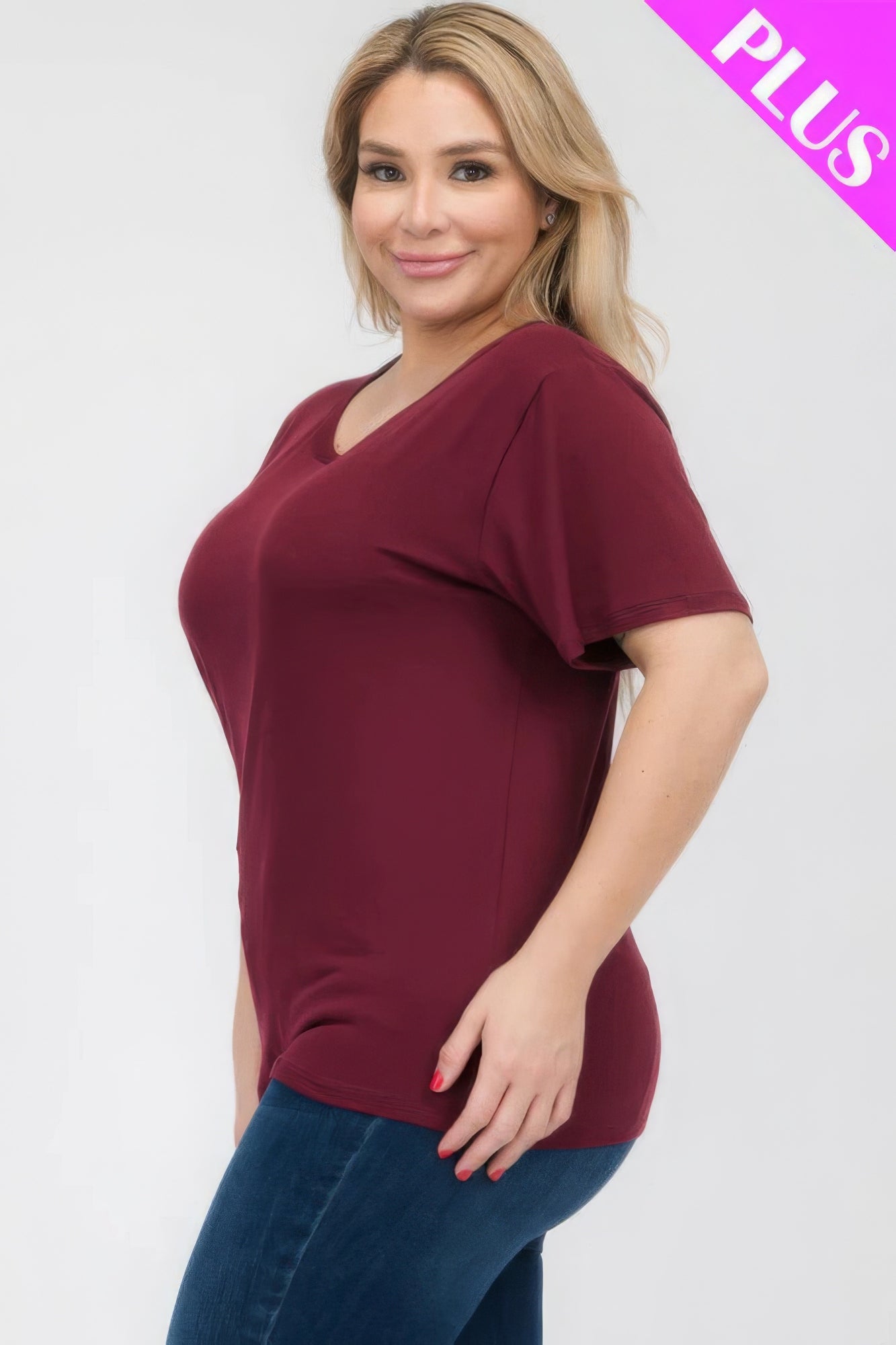 Plus Size Basic Short Sleeve T-shirt in burgundy, featuring a relaxed fit and comfortable fabric from Loveitclothing.com.