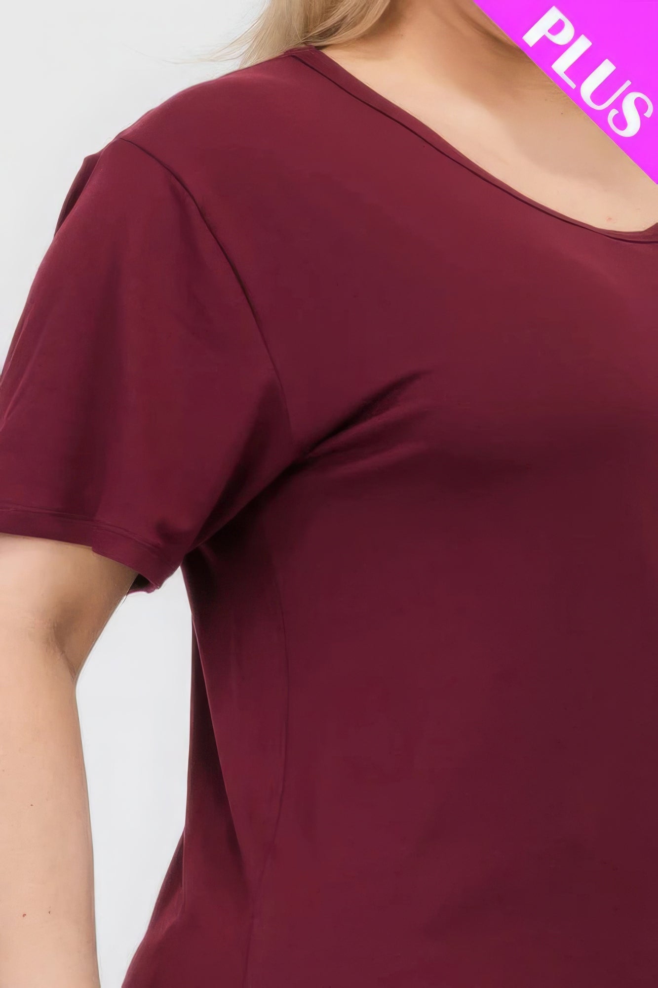 Plus size short sleeve t-shirt in burgundy, showcasing soft, stretchy fabric from Loveitclothing.com.