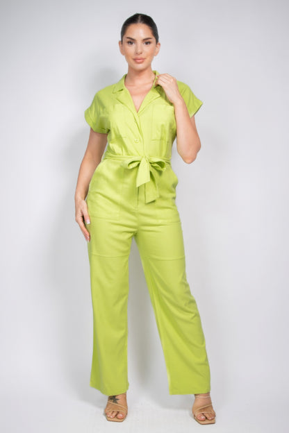 Belted Button-down Linen Jumpsuit