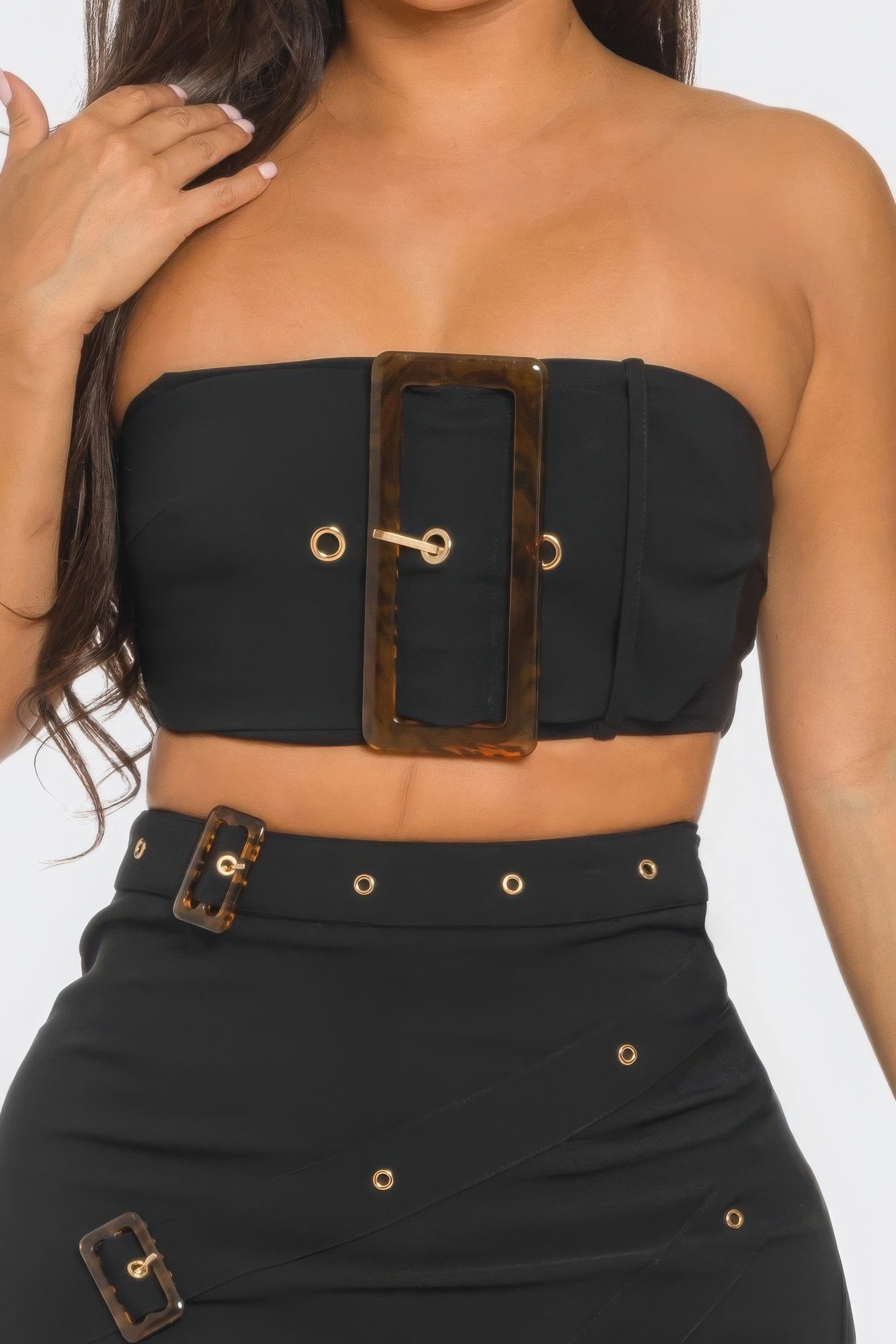 Front Eyelet Buckle Belt Top And Skirt Set