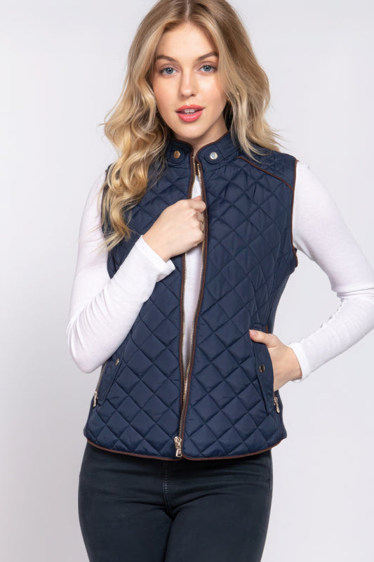 Suede Piping Quilted Padding Vest