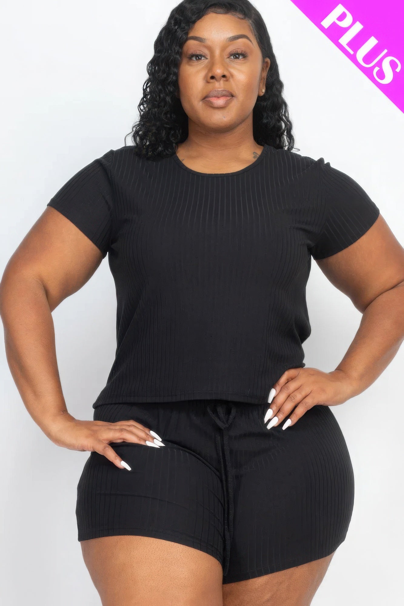 Plus Size Ribbed Short Sleeve Top & Shorts Set in Black, available at Loveitclothing.com. Comfortable, adjustable fit perfect for casual wear.