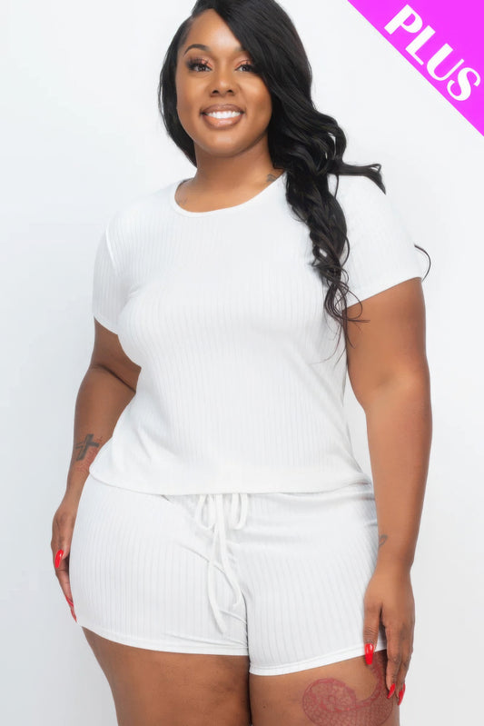 Plus Size Ribbed Short Sleeve Top & Shorts Set in White by Loveitclothing.com, featuring a comfortable drawstring waist for adjustable fit.