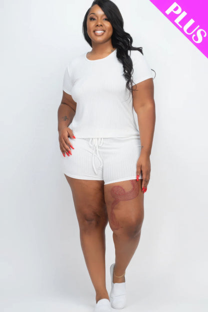 Plus Size Ribbed Short Sleeve Top & Shorts Set in white, available at Loveitclothing.com for stylish and comfortable casual wear