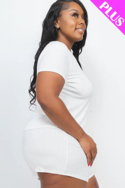 Plus Size Ribbed Short Sleeve Top & Shorts Set from Loveitclothing.com in white, featuring a comfortable and stylish design.