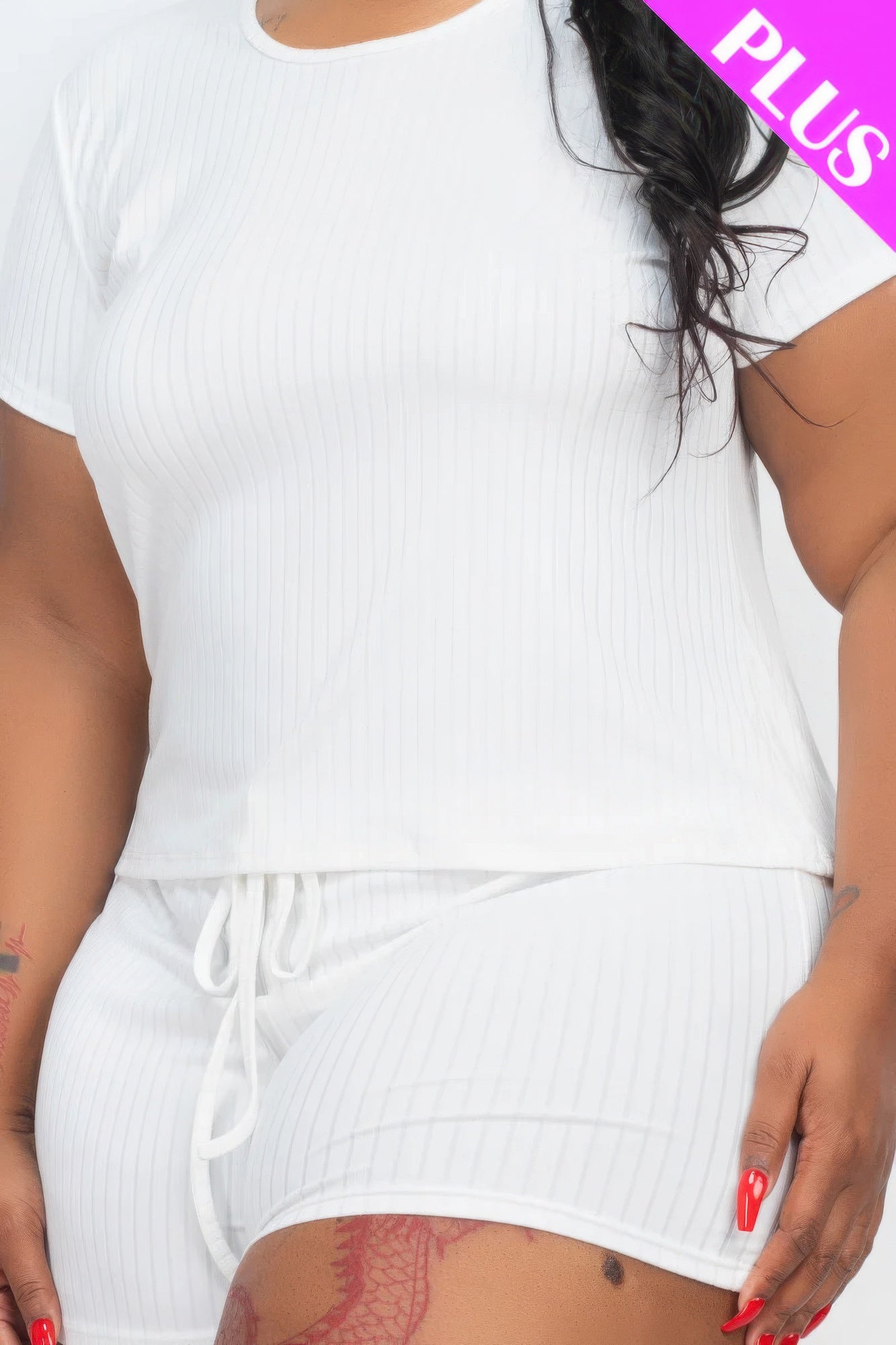 Plus Size Ribbed Short Sleeve Top & Shorts Set in White with Drawstring Waist from Loveitclothing.com