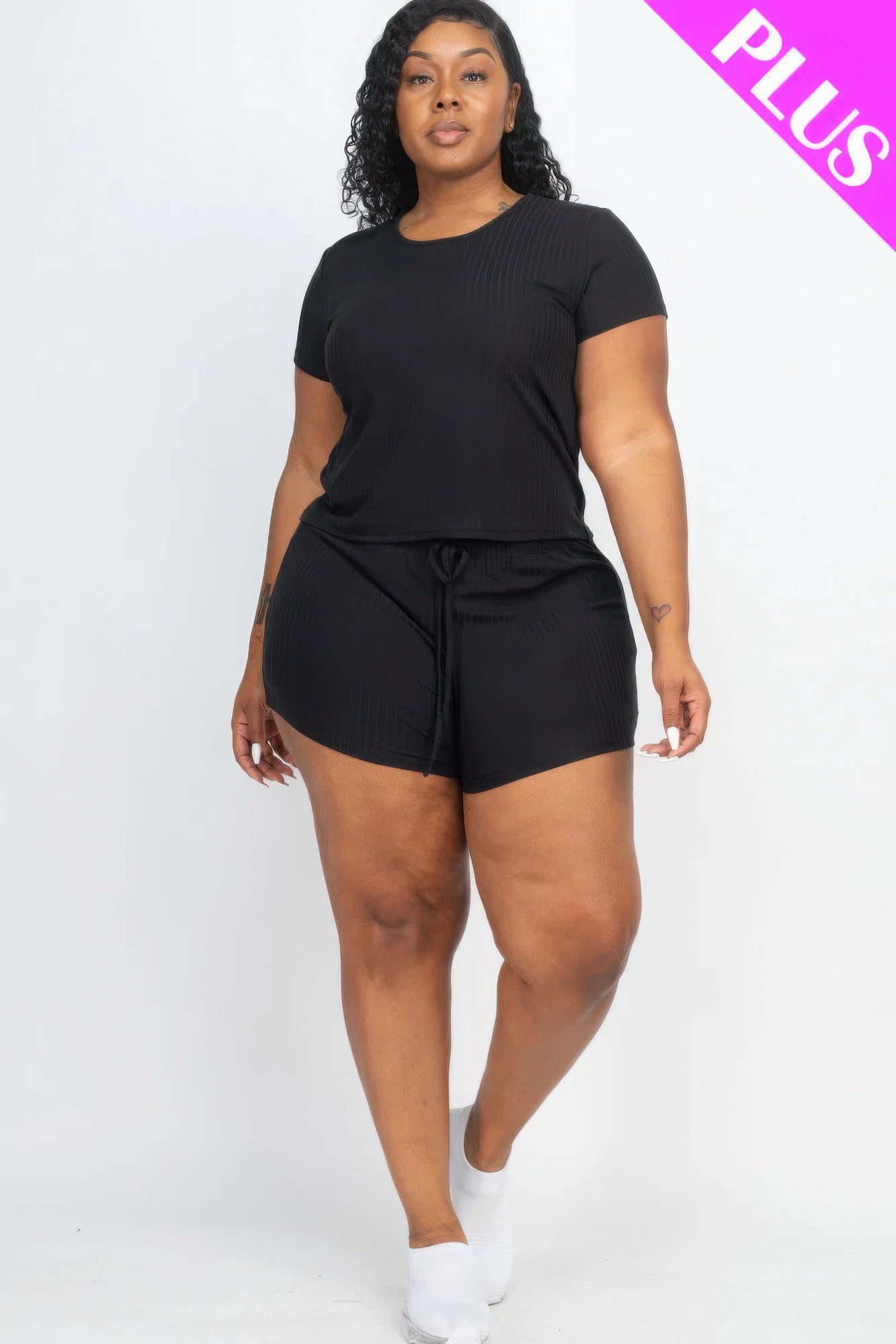 Plus size ribbed short sleeve top & shorts set in black, featuring a drawstring waist for comfort. Loveitclothing.com