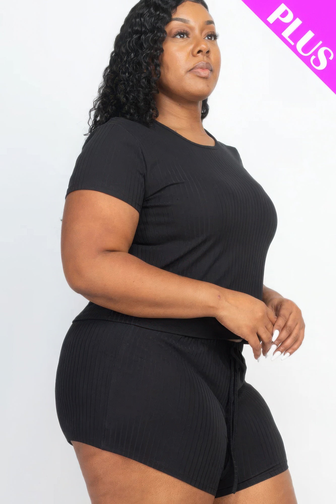 Plus Size Ribbed Short Sleeve Top & Shorts Set in Black, featuring a drawstring waist for adjustable fit, available at Loveitclothing.com