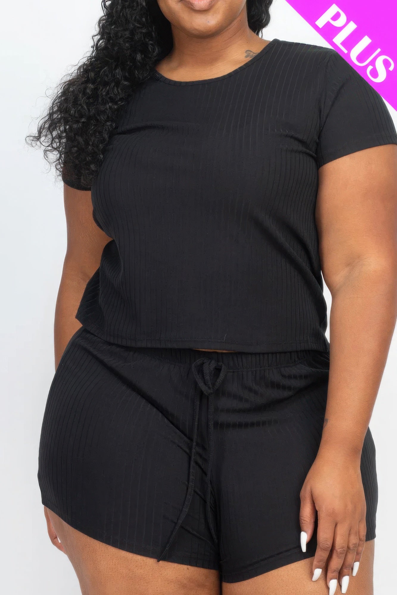 Plus size ribbed short sleeve top and shorts set in black with drawstring waist by Loveitclothing.com.