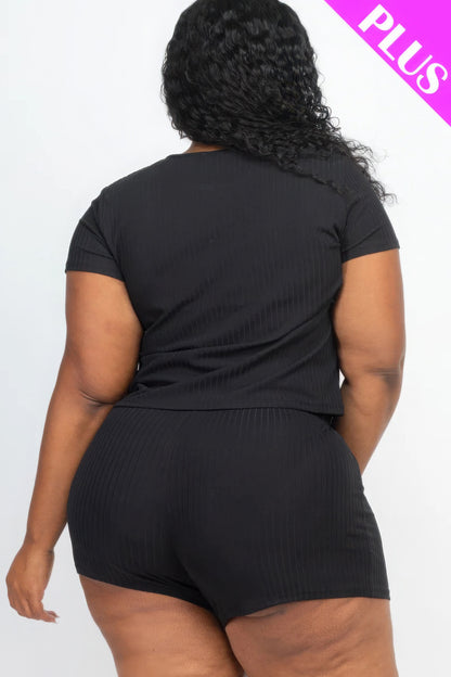 Plus Size Ribbed Short Sleeve Top & Shorts Set in black by Loveitclothing.com, featuring a comfortable and stylish fit.