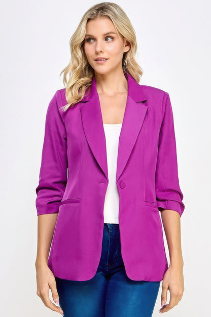 Love It Clothing Buttoned Detail 3/4 Sleeve Blazer in vibrant pink, showcasing a chic and modern design for stylish wardrobes.