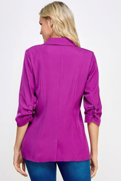 Purple buttoned detail 3/4 sleeve blazer by Love It Clothing, showcasing stylish back view design.