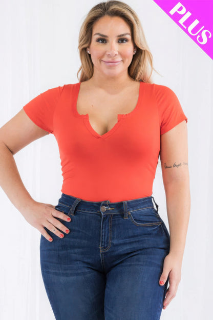 Plus Size Casual Split Neck Solid Short Sleeve Bodysuit