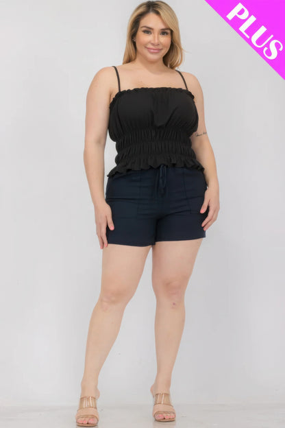 Plus size black sleeveless shirred top with shorts from Loveitclothing.com