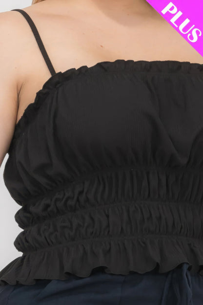 Plus size black tiered shirred crop top with adjustable straps, showcasing elegant and comfortable design from Loveitclothing.com