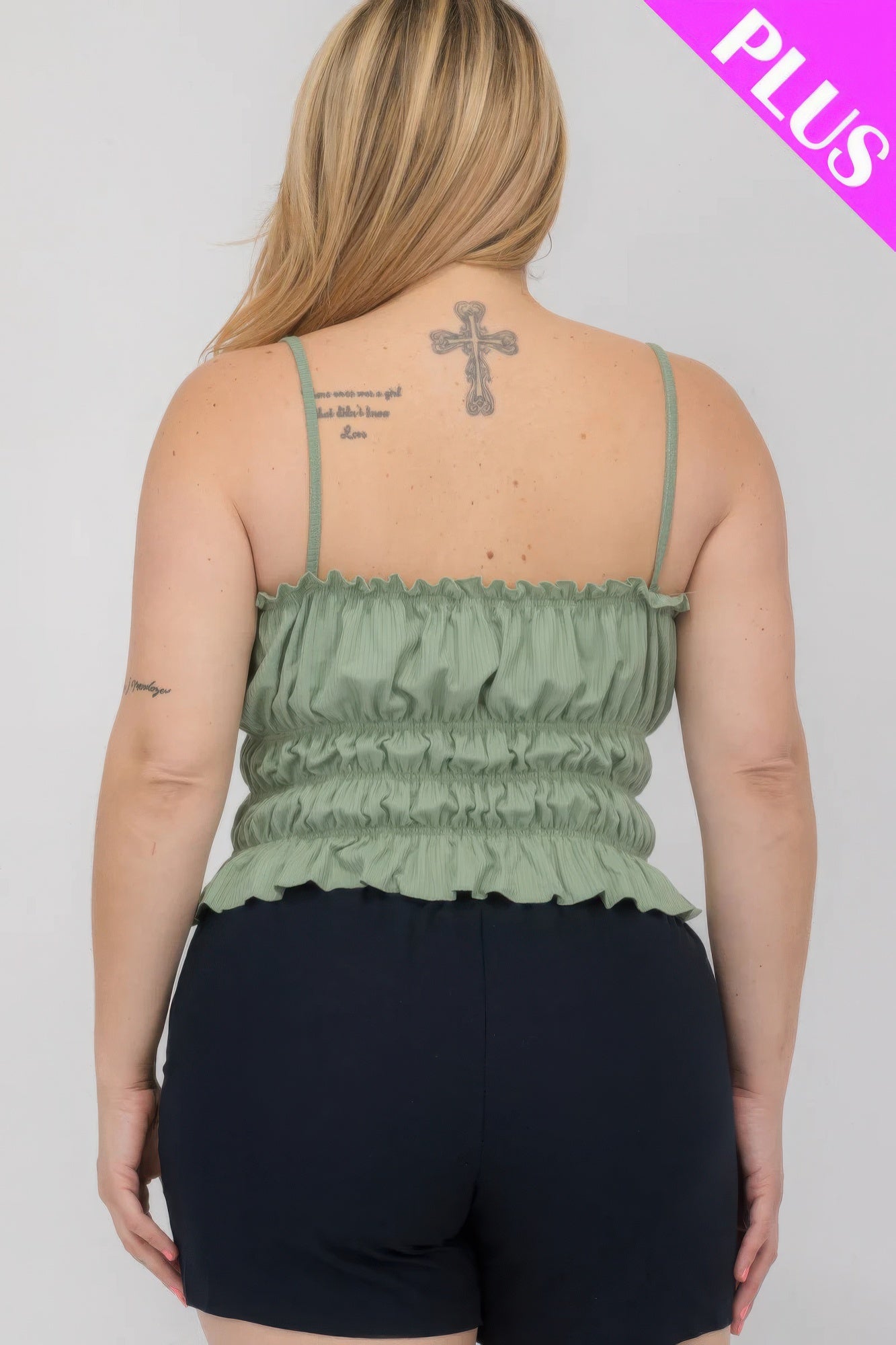 Plus size tiered shirred body crop top in green, back view, from Loveitclothing.com, showcasing stretchy fit and elegant design.