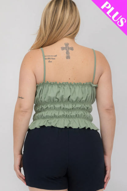 Plus size tiered shirred body crop top in green, back view, from Loveitclothing.com, showcasing stretchy fit and elegant design.