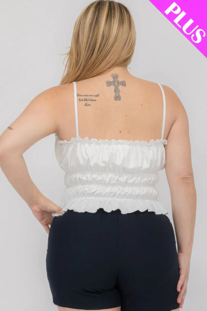 Plus size model wearing white shirred crop top, back view. Loveitclothing.com.