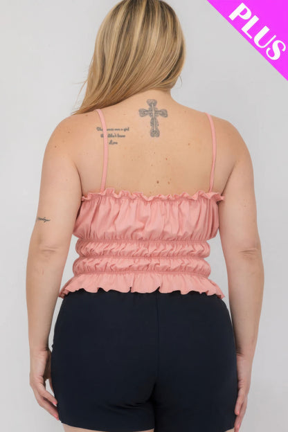 Plus Size Tiered Shirred Body Crop Top in Blush from Loveitclothing.com, back view showing ruffled design and adjustable straps.