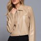 Long slv shirt collar faux leather jacket