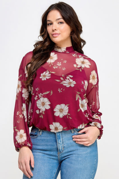 Mesh Floral Long Sleeve Top with Cami from Loveitclothing.com - Burgundy with white floral pattern, stylish and comfortable.