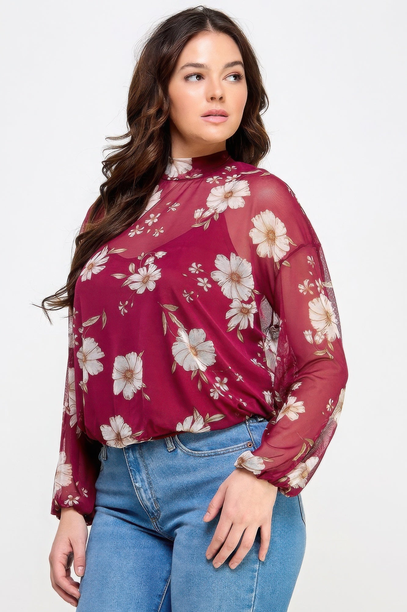 Mesh Floral Long Sleeve Top with Cami from Loveitclothing.com in burgundy, showing floral details and lightweight fabric.