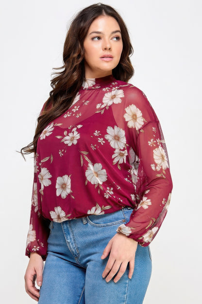 Mesh Floral Long Sleeve Top with Cami from Loveitclothing.com in burgundy, showing floral details and lightweight fabric.