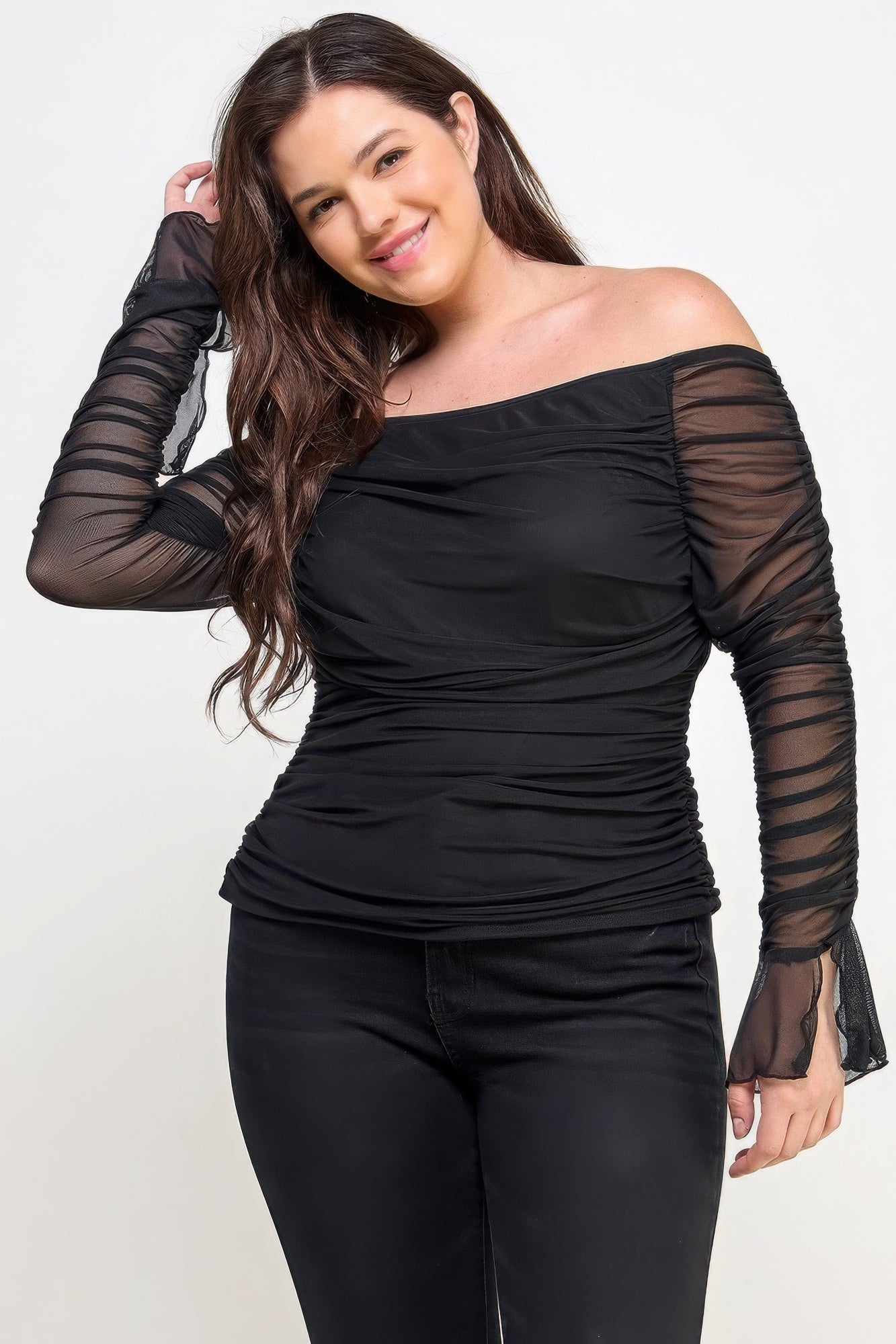 Off the Shoulder Ruched Mesh Top