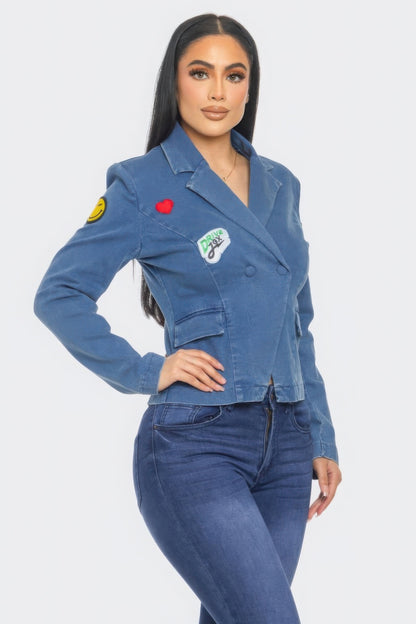 Woman wearing Patch It Up Denim Blazer Jacket with emoticon patches from Love It Clothing, showcasing trendy and playful style.