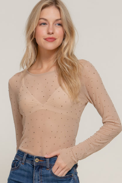 Long Sleeve Mesh W/rhinestone Top