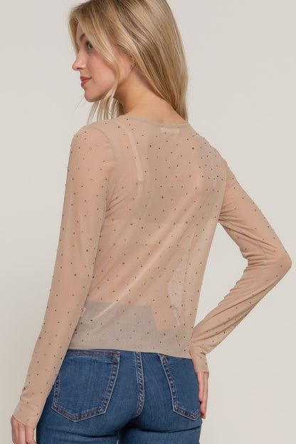 Long Sleeve Mesh W/rhinestone Top