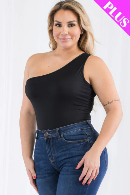 Plus size one shoulder bodysuit in black, styled with high-waisted jeans, from Loveitclothing.com.