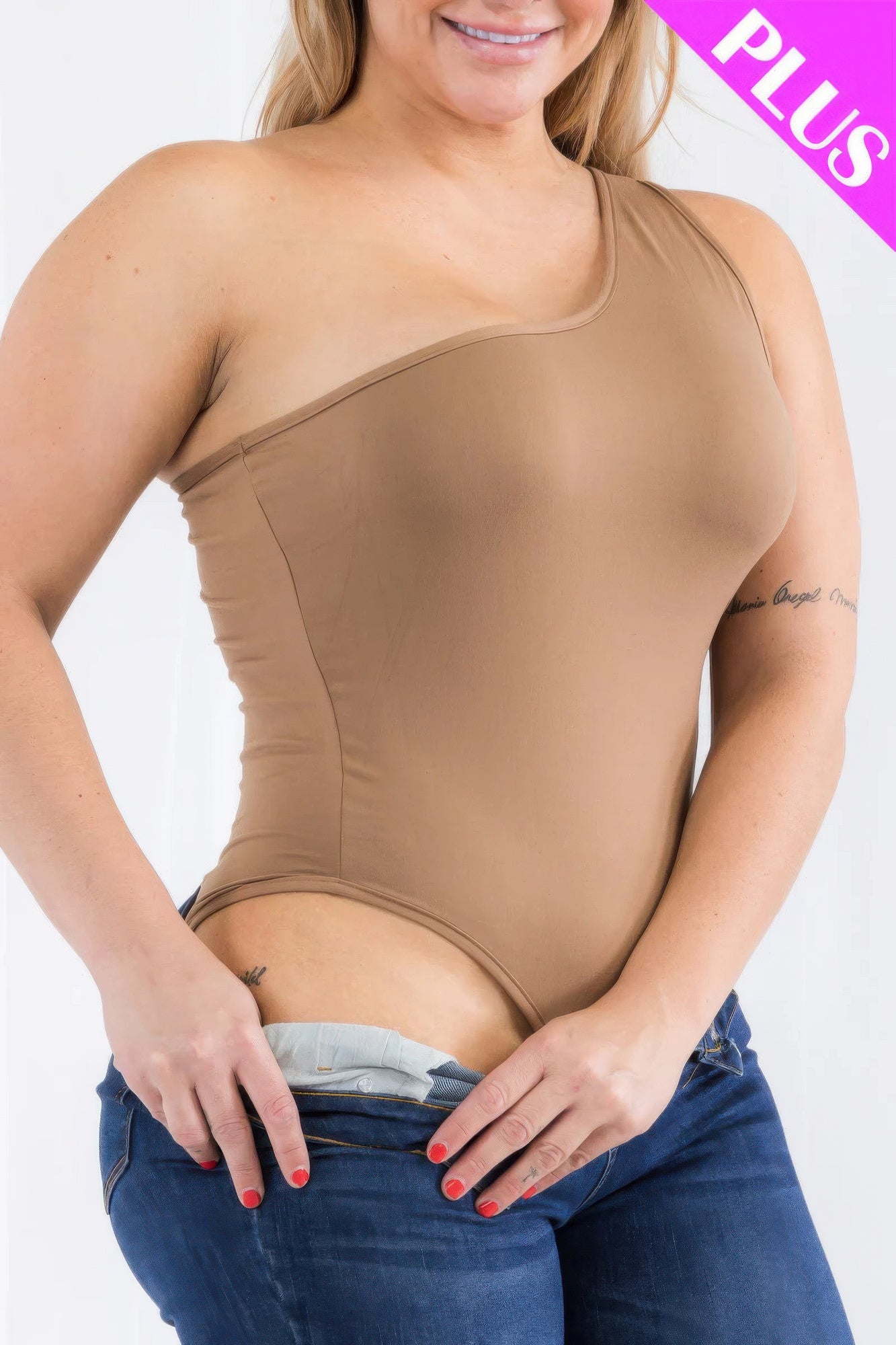 Plus size one shoulder bodysuit in tan, showcasing a stylish fit perfect for casual or chic outfits at Loveitclothing.com.