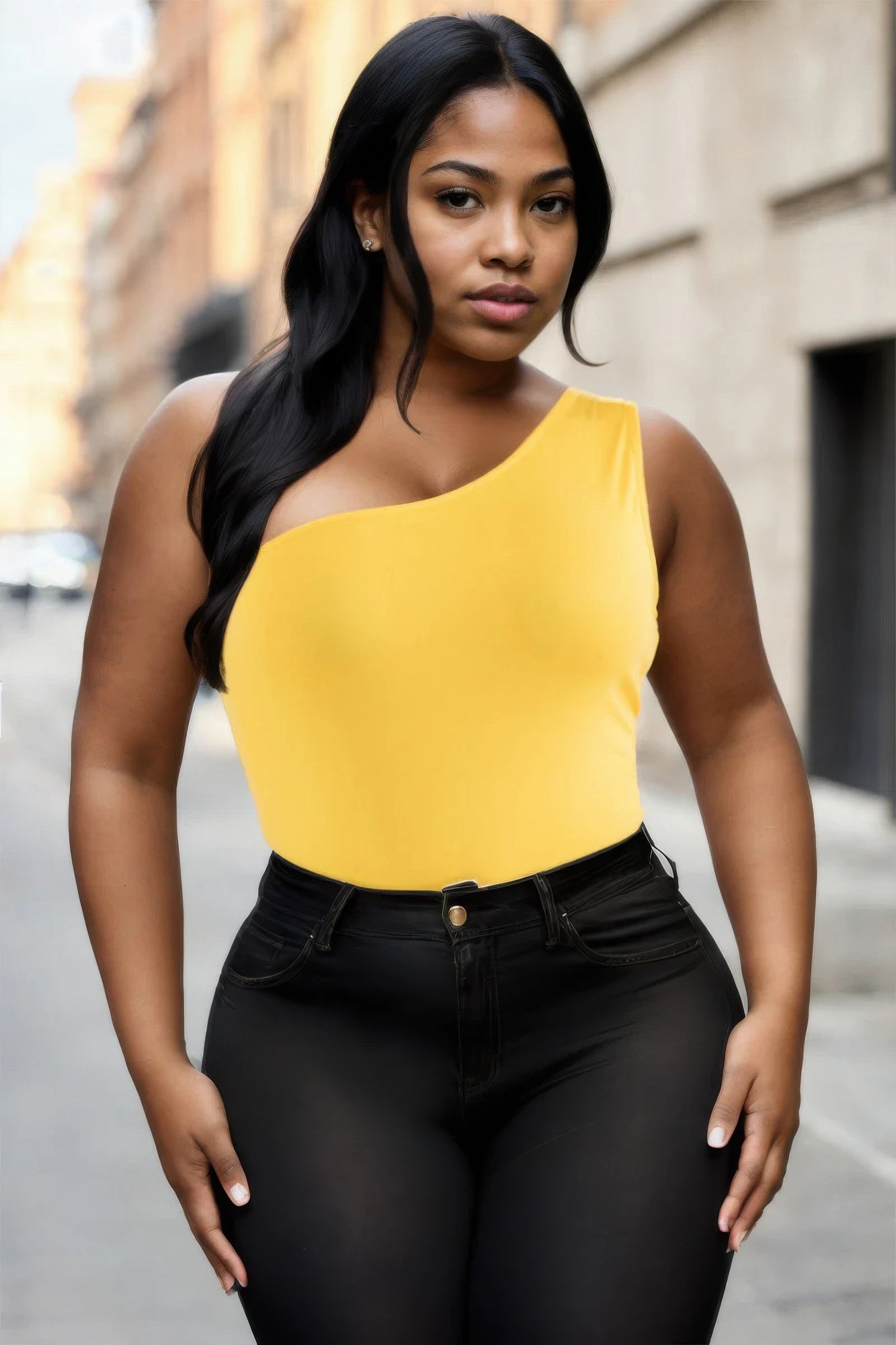 Plus size model wearing a yellow one-shoulder bodysuit with black jeans, showcasing casual style from Loveitclothing.com.