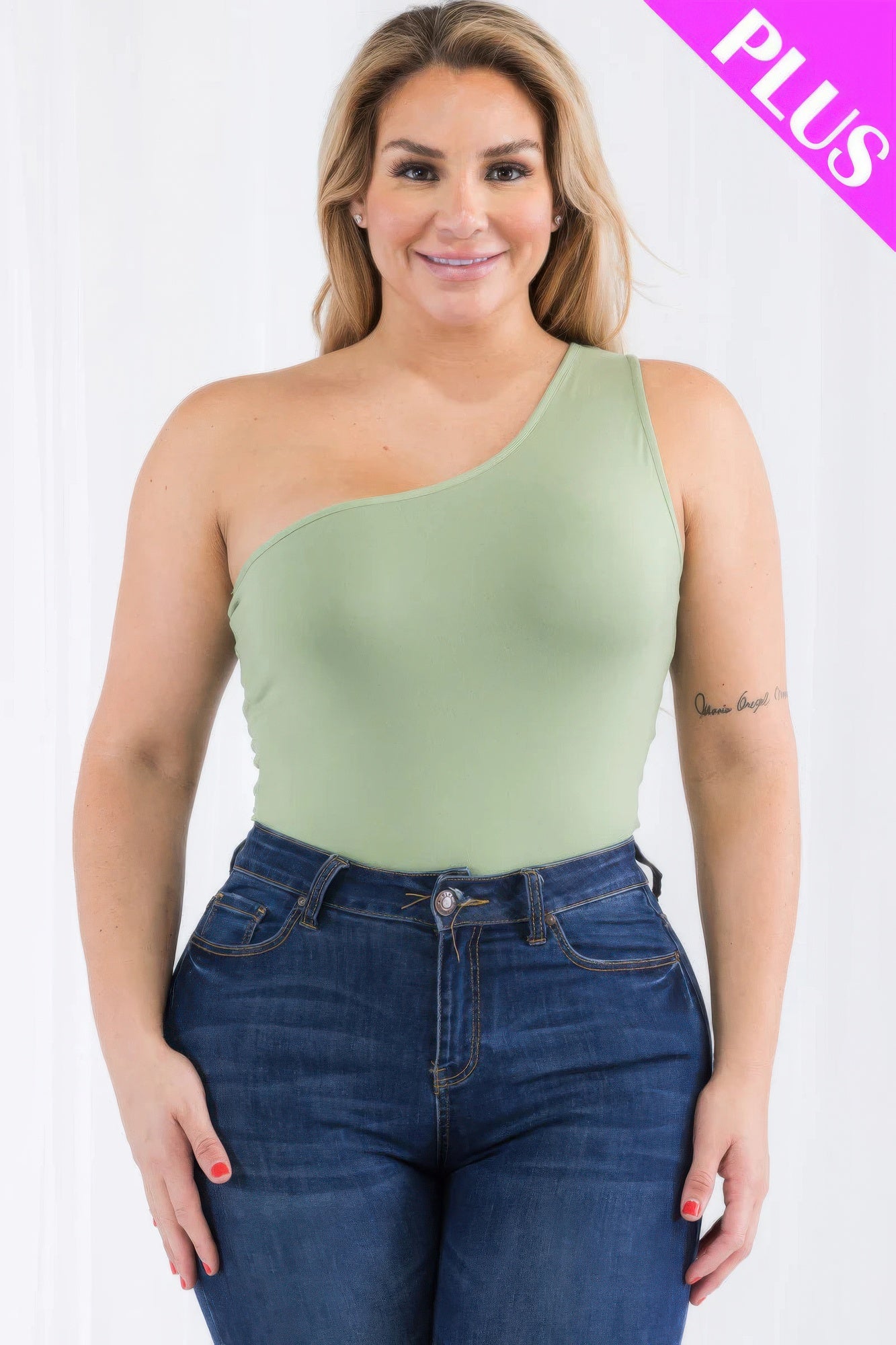 Plus size one shoulder casual bodysuit in green, perfect for stylish and comfortable outfits. Available at Loveitclothing.com.