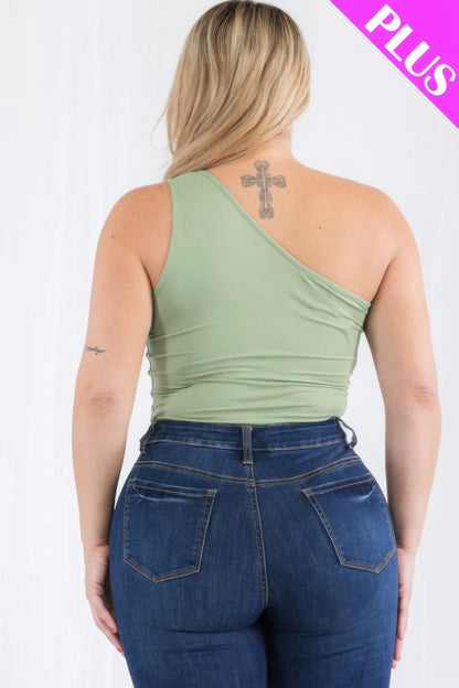 Plus size one-shoulder casual bodysuit in soft green showing back view, paired with stylish denim jeans. Loveitclothing.com.