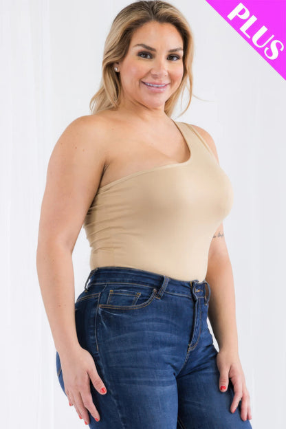 Plus size one shoulder casual bodysuit in beige, paired with jeans, showcasing a stylish and flattering fit from Loveitclothing.com.