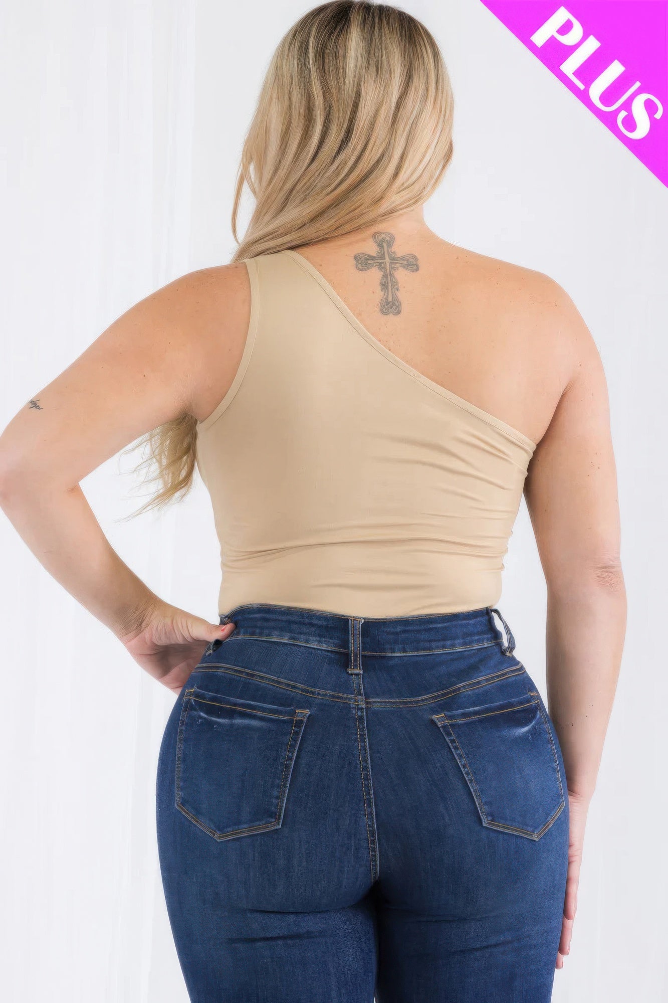 Plus size one shoulder bodysuit in beige, showcasing sleek design and flattering fit for casual outfits. Loveitclothing.com.