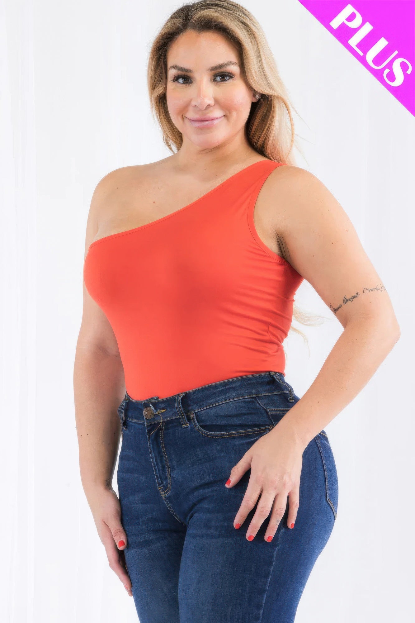 Plus size one shoulder orange bodysuit model showcasing stylish and flattering fit, perfect for casual outings. Loveitclothing.com.