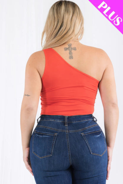 Plus size one shoulder red bodysuit, back view, showcasing stylish cut and comfortable fit from Loveitclothing.com.