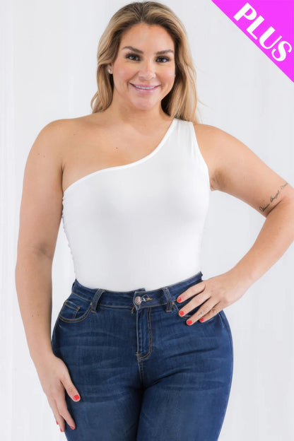 Plus size one shoulder solid casual bodysuit in white, model wearing with high-waisted jeans, from Loveitclothing.com.