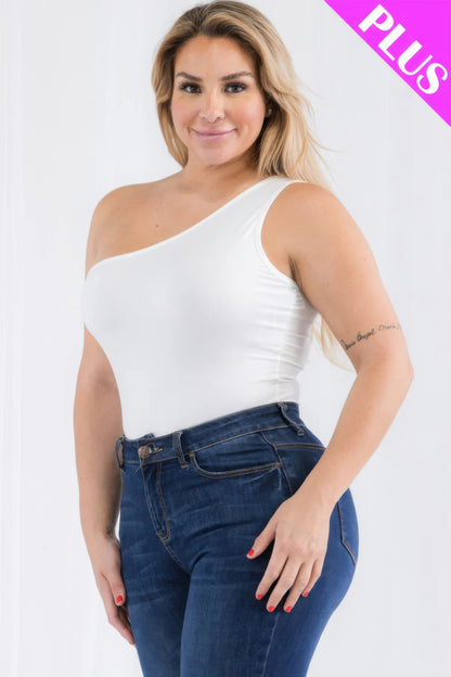 Plus size one shoulder solid casual bodysuit in white on model, featured at Loveitclothing.com.