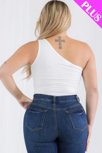 Plus size woman wearing a one-shoulder solid white bodysuit, showcasing stylish back view and denim jeans. Loveitclothing.com.