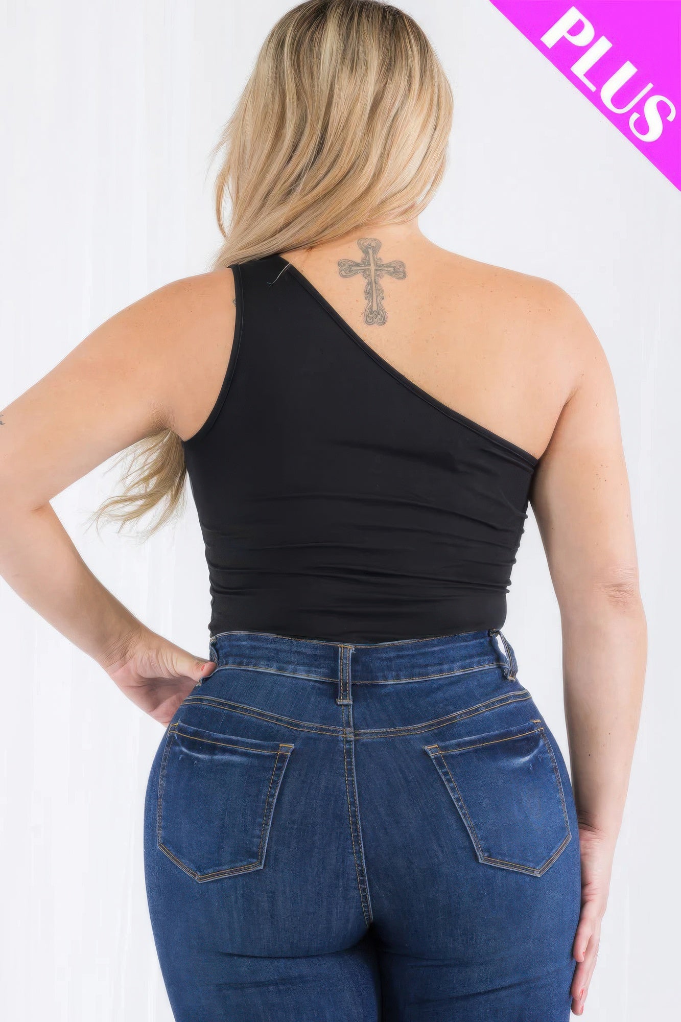 Plus size one shoulder black bodysuit, showcasing a sleek design and flattering fit, ideal for casual outings.