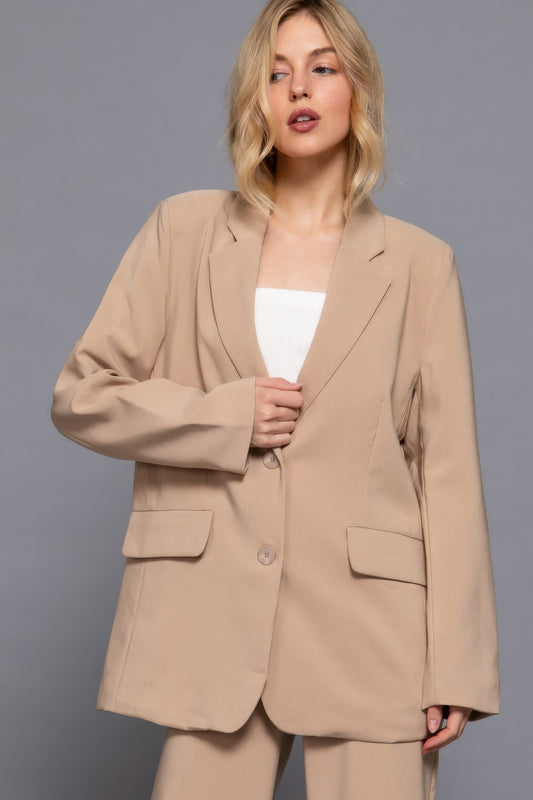 Long Sleeve Notched Collar Blazer in beige, featuring front button closure and chic silhouette, perfect for professional and casual wear.